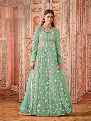 Abaya Style Sea Green Thread Floor Length Anarkali Suit