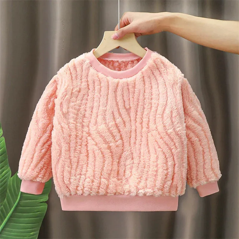 Autumn Winter Children Plush Warm Long-sleeved Hoodies Round Neck Girl Tops New Fashion Solid Color Kids Warm Jacket Sweatshirts