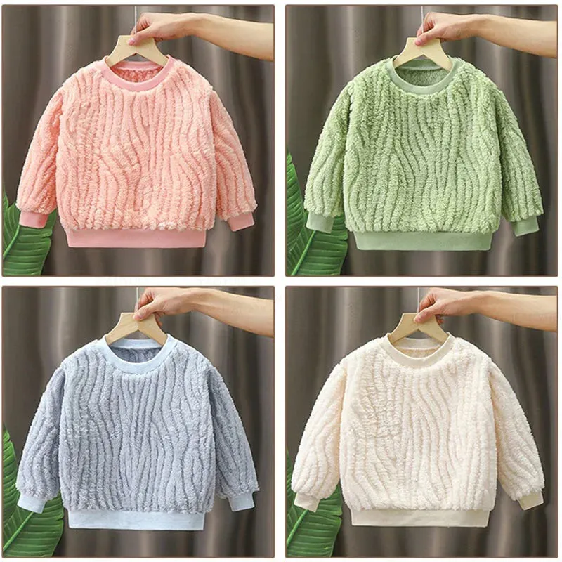 Autumn Winter Children Plush Warm Long-sleeved Hoodies Round Neck Girl Tops New Fashion Solid Color Kids Warm Jacket Sweatshirts