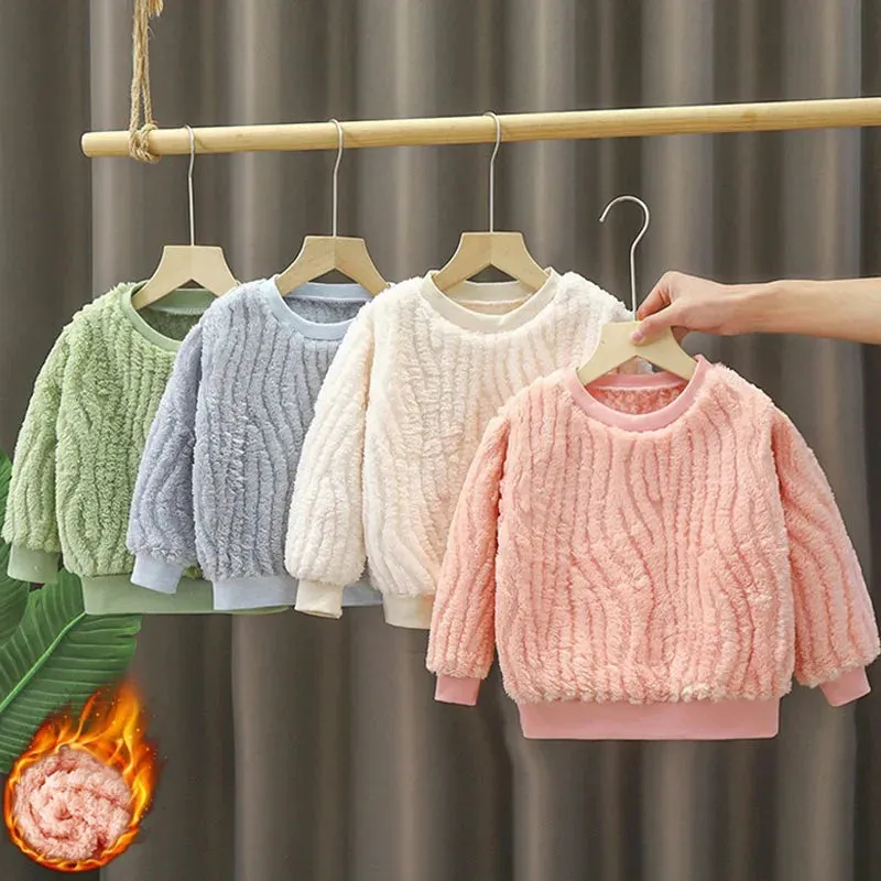 Autumn Winter Children Plush Warm Long-sleeved Hoodies Round Neck Girl Tops New Fashion Solid Color Kids Warm Jacket Sweatshirts