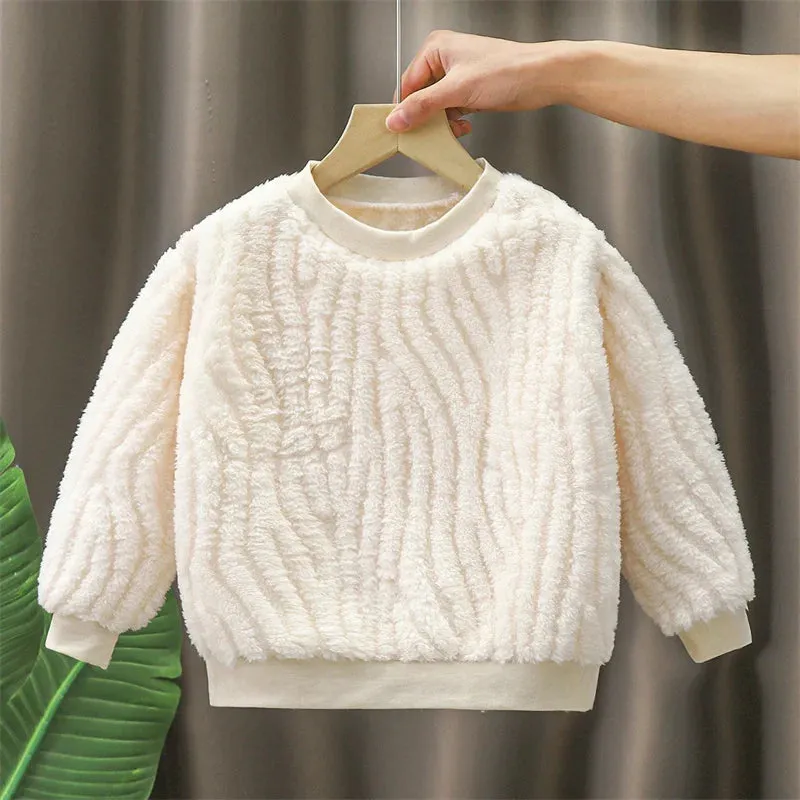 Autumn Winter Children Plush Warm Long-sleeved Hoodies Round Neck Girl Tops New Fashion Solid Color Kids Warm Jacket Sweatshirts