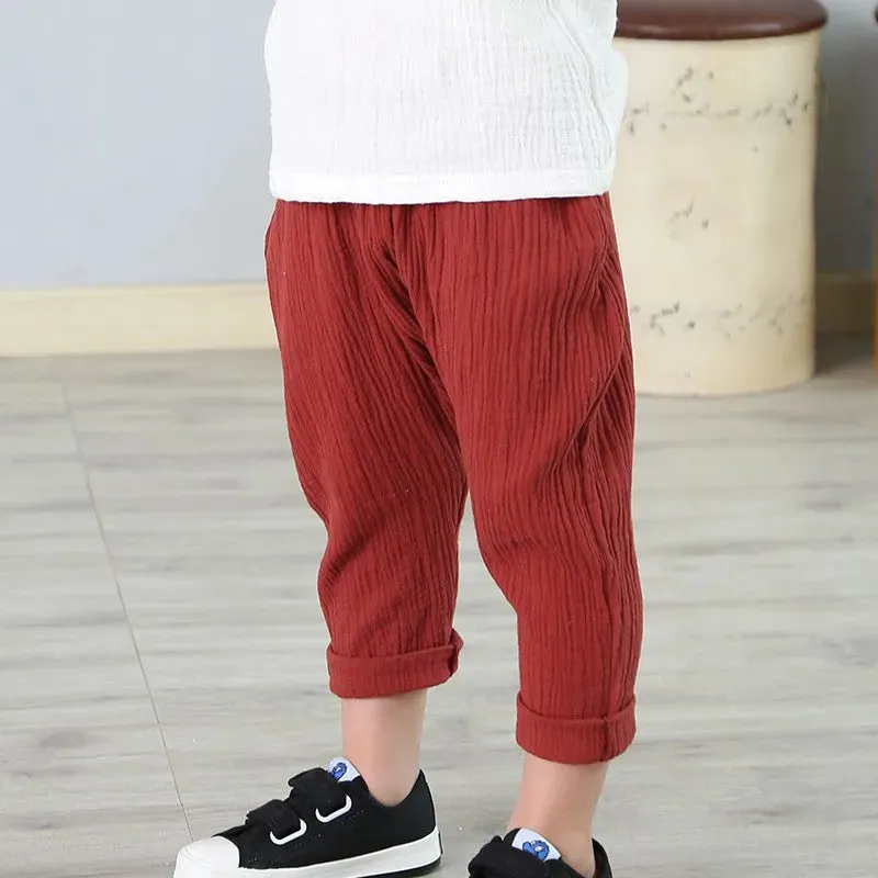 Baby Pants Boy Girl Summer Linen Cotton Pleated Solid Color Trousers Children Ankle-length Pants for Kids Boys Pants Casual Pant