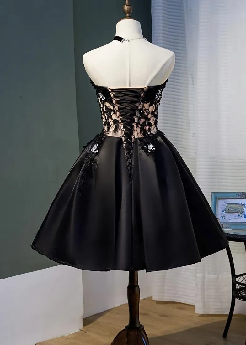 Black Satin with Lace Knee Length Prom Dress Homecoming Dress, Black Party Dresses