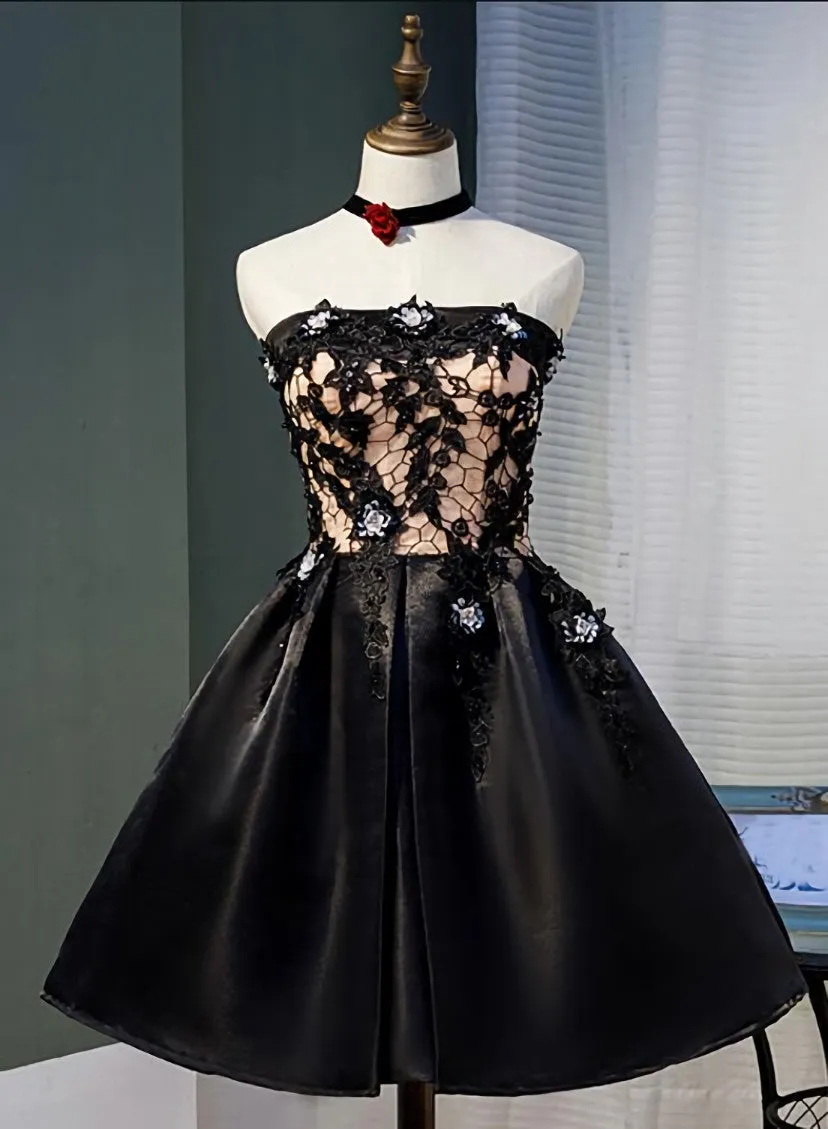 Black Satin with Lace Knee Length Prom Dress Homecoming Dress, Black Party Dresses