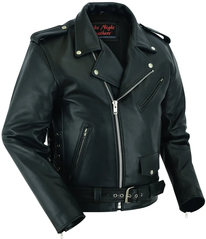 DS711 Economy Motorcycle Classic Biker Leather Jacket - Side Laces