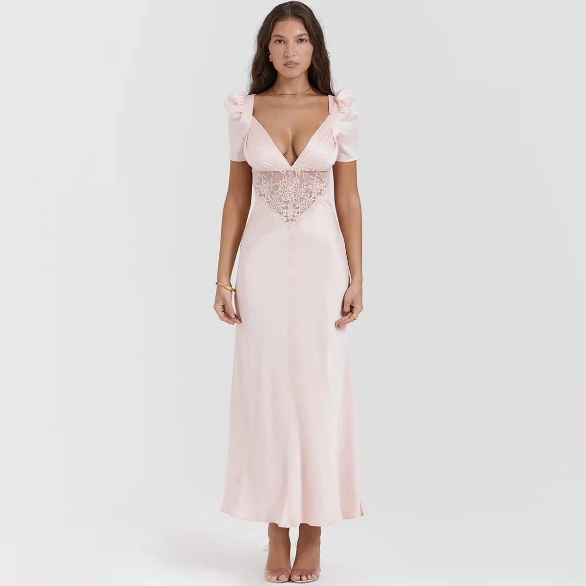 Elegant Pink Maxi V Neck Lace Dress for Autumn Formal Occasion