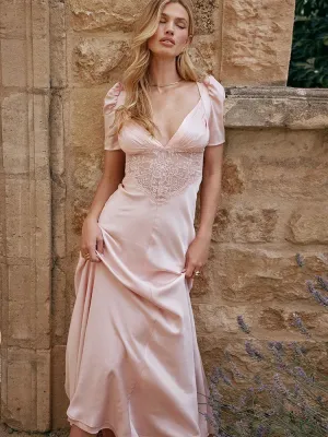 Elegant Pink Maxi V Neck Lace Dress for Autumn Formal Occasion