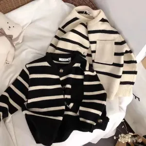 Fashion striped Kids sweater Boys Single breasted knit Coat Girls soft loose O-Neck knitted Cardigan