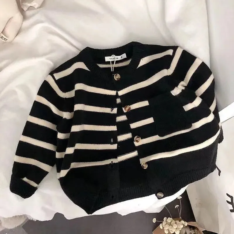 Fashion striped Kids sweater Boys Single breasted knit Coat Girls soft loose O-Neck knitted Cardigan