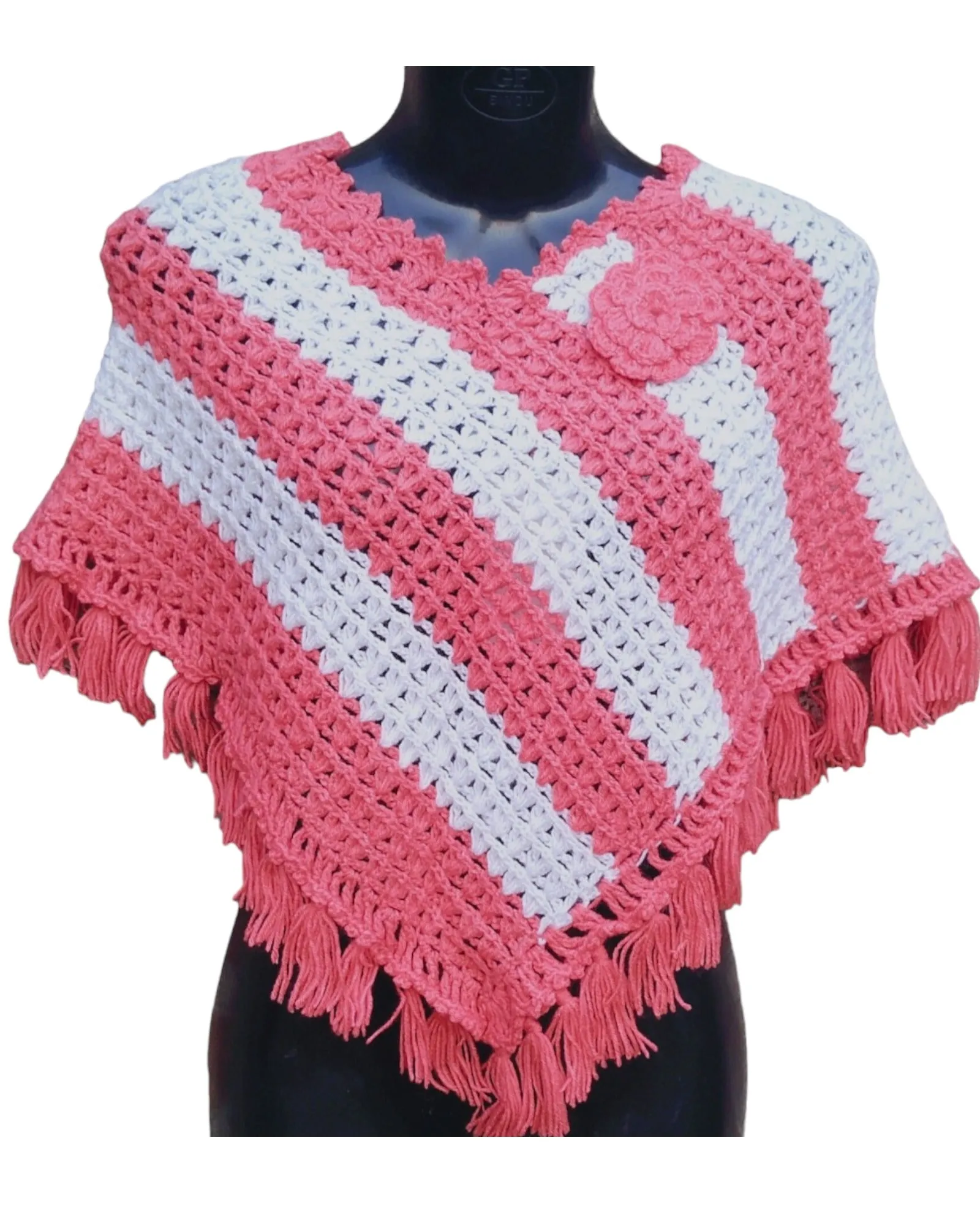 Handmade Unique Crochet Design Poncho For Girls/Women - Cerise & White