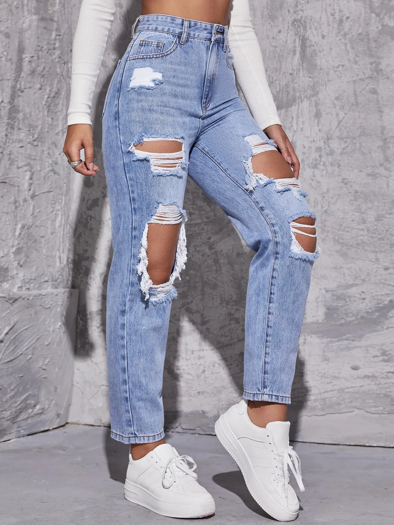 High Waist Straight Leg Ripped Jeans