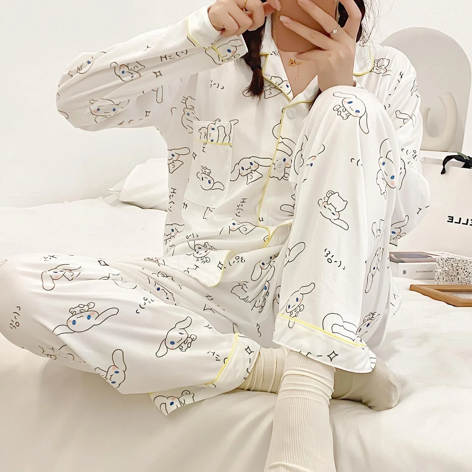 INS Style Cartoon Cinnamorol Women's White Pajamas Long Sleeve Sweet Casual Long Sleeve Pants Loungewear