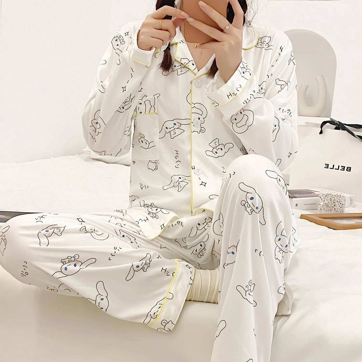 INS Style Cartoon Cinnamorol Women's White Pajamas Long Sleeve Sweet Casual Long Sleeve Pants Loungewear