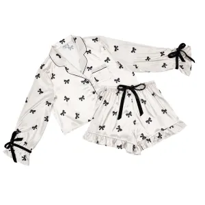 Ivory with Black Bows Cropped Satin PJ Set with Velvet Ties