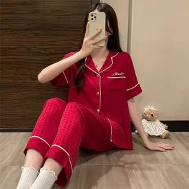 Lapel Neck Silk Like Pajamas Women's Summer Cool Silky Slim Thousand-bird Lattice Jacquard Short Sleeve Pants Home Suit