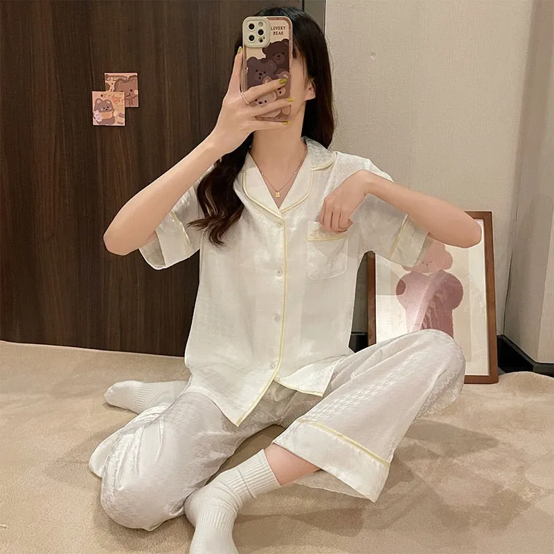 Lapel Neck Silk Like Pajamas Women's Summer Cool Silky Slim Thousand-bird Lattice Jacquard Short Sleeve Pants Home Suit