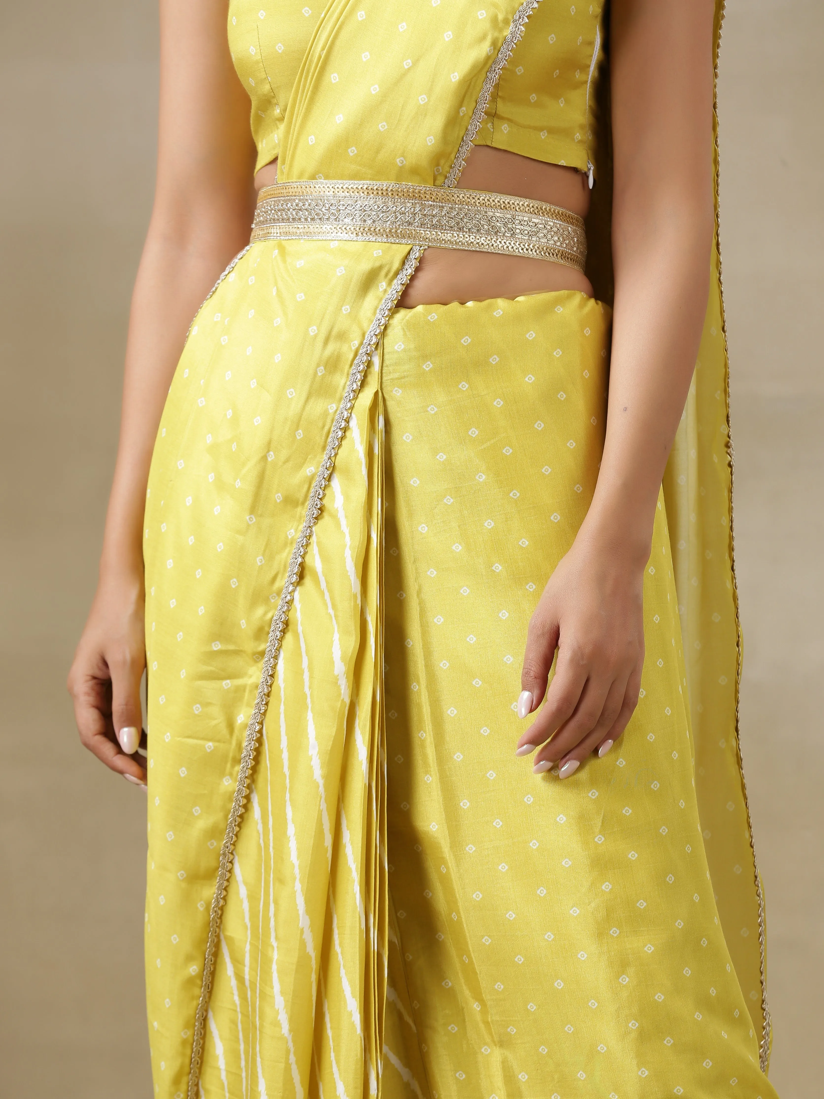 Lime Green Bandhani Printed Silk Pre-Pleat Stitched Saree with Belt