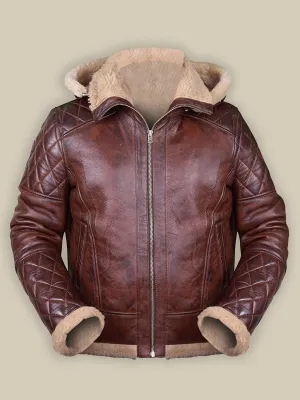 Men's Brown Leather Shearling Jacket with Hood