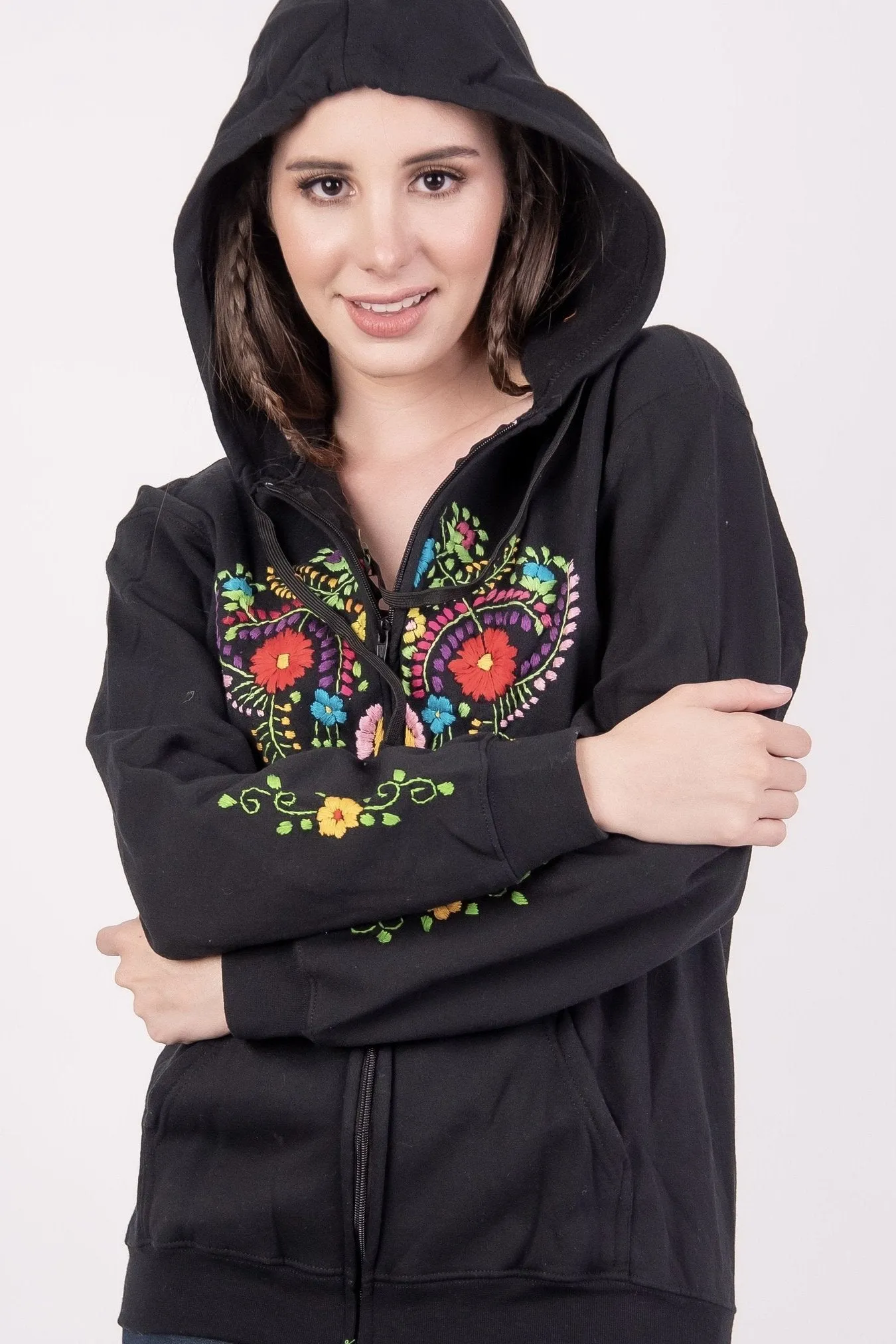 Mexican Handmade Floral Embroidered Zippered Hoodie Black