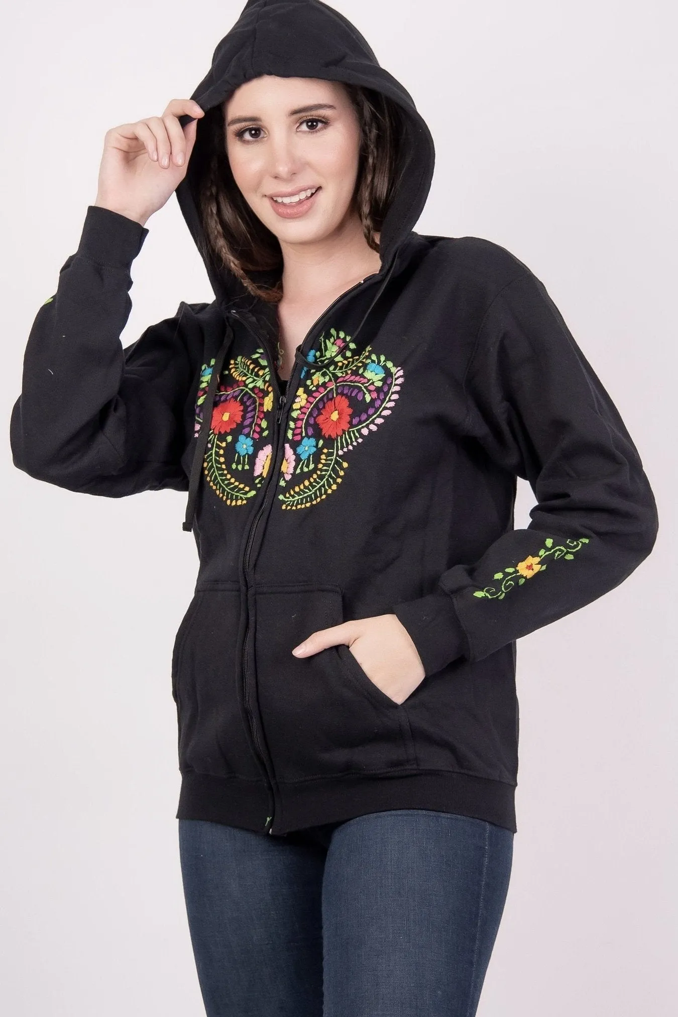 Mexican Handmade Floral Embroidered Zippered Hoodie Black