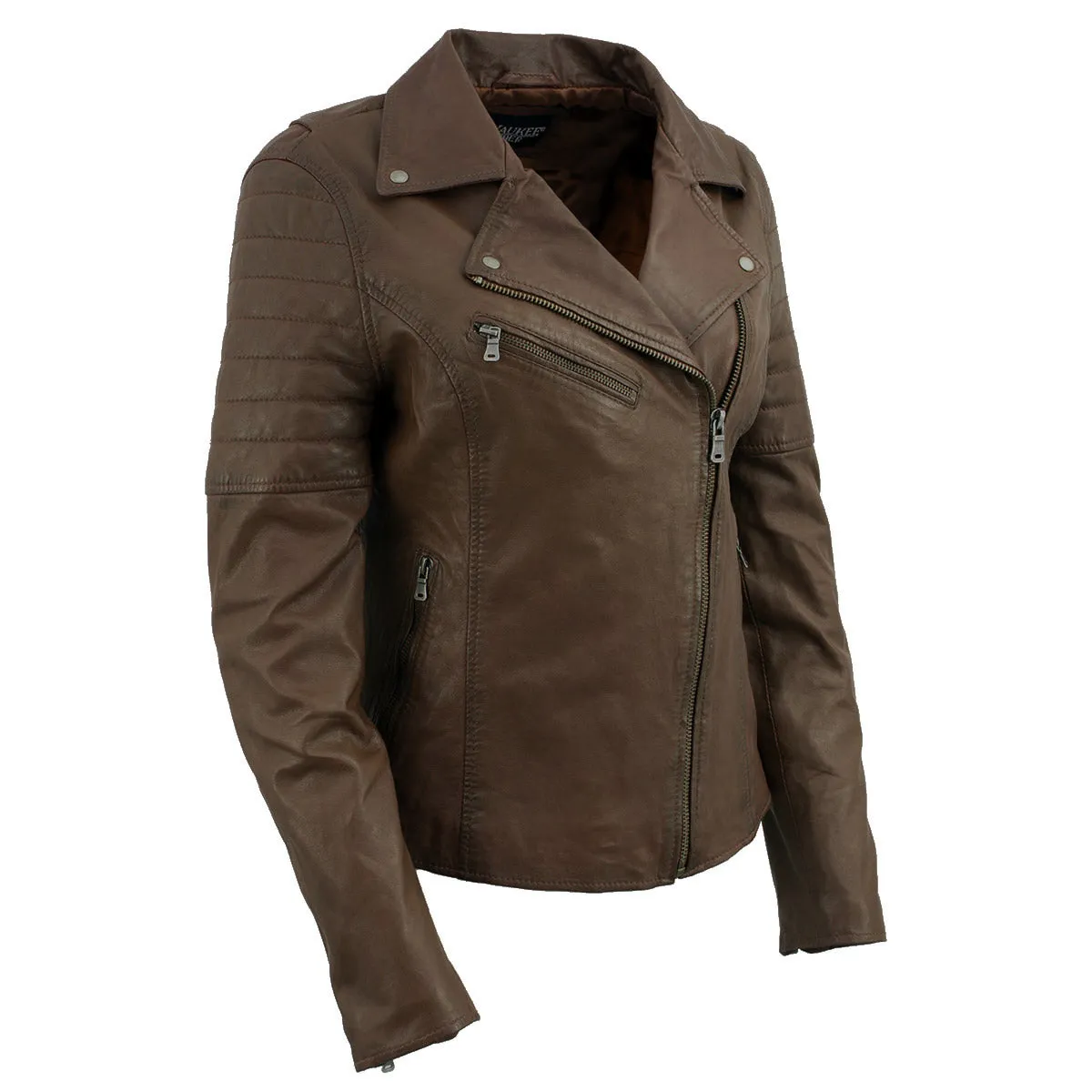 Milwaukee Leather Brown Vintage Motorcycle Inspired Vegan Tan Fashion Leather Jacket for Women SFL2812