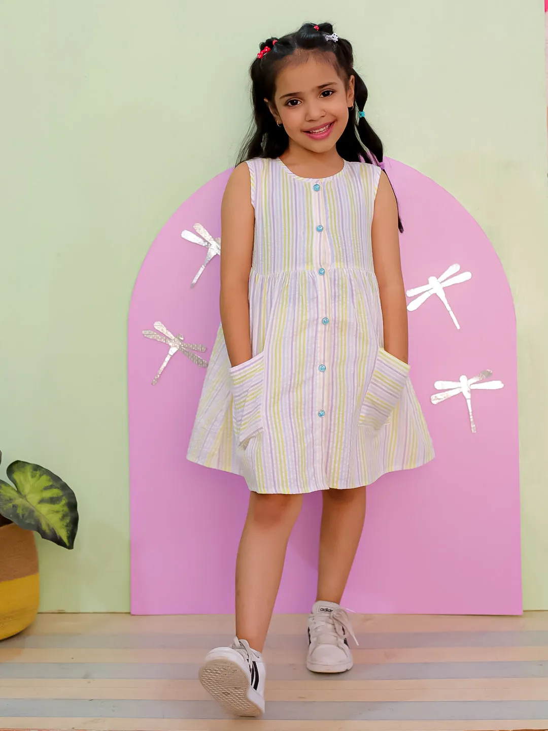 Multi Color Striped Girls Dress with Patch Pockets