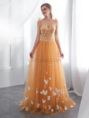 Newest Orange Round Neck  Unique Design Custom Lace Applique  Long Prom Dresses LMX1147