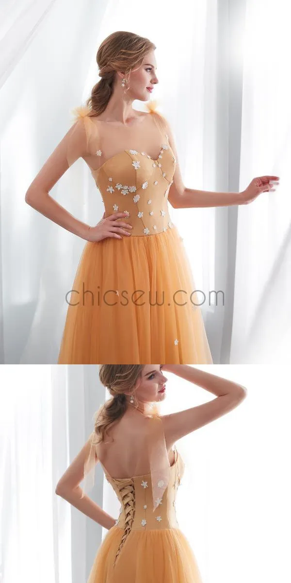 Newest Orange Round Neck  Unique Design Custom Lace Applique  Long Prom Dresses LMX1147