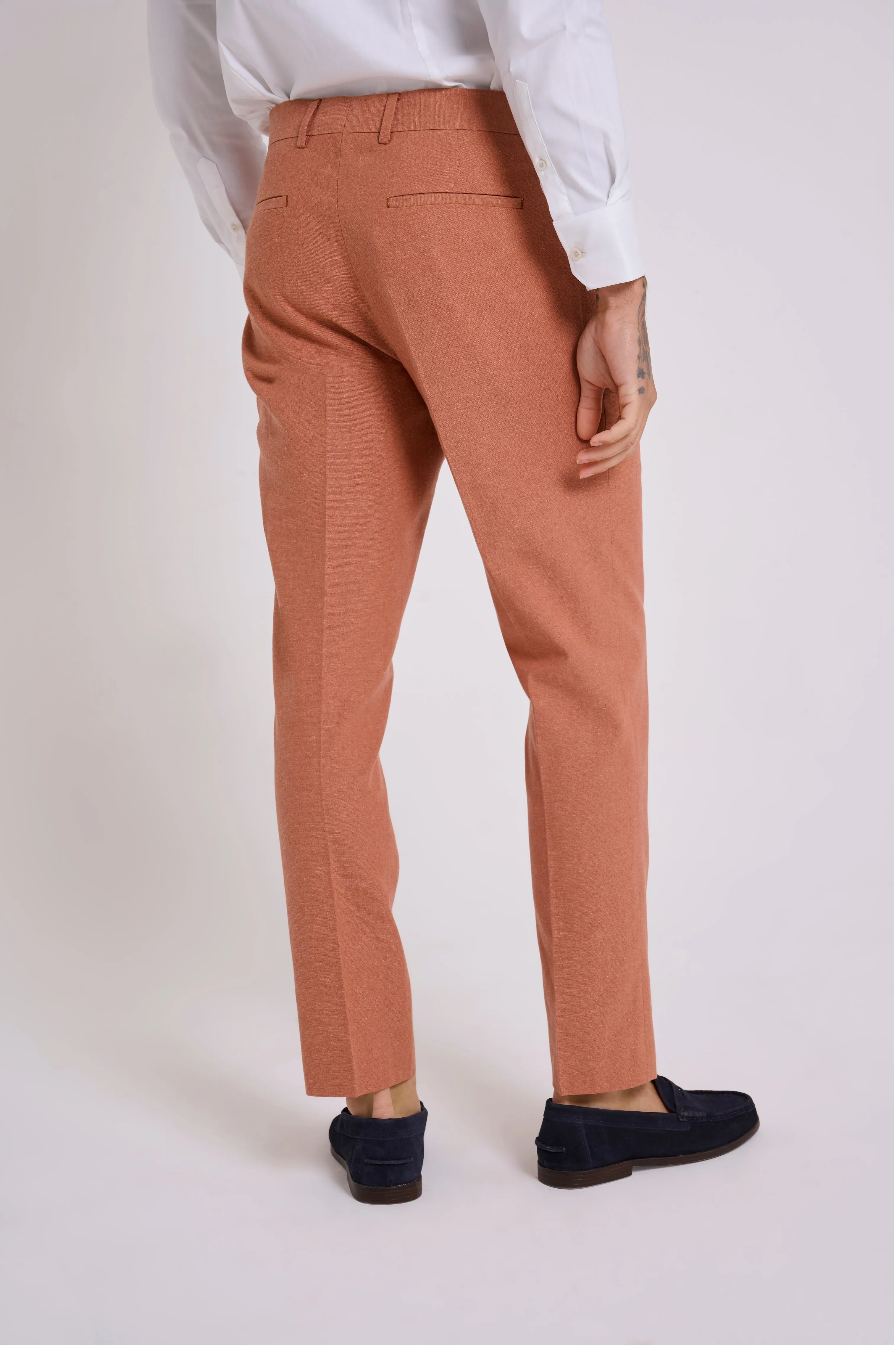 Oliver Slim Fit Linen Cotton Blend Suit Smart Trousers in Rust Red