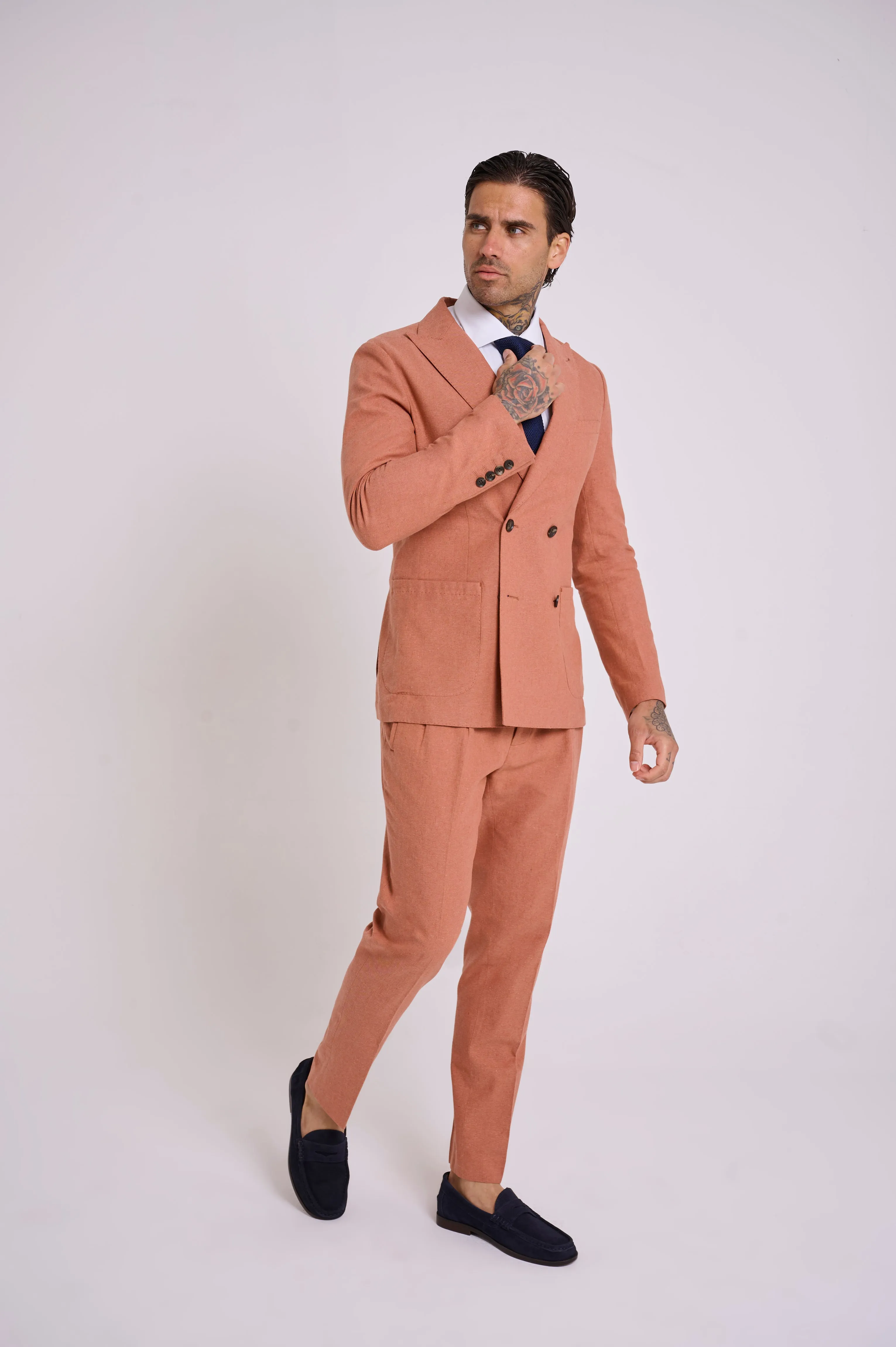 Oliver Slim Fit Linen Cotton Blend Suit Smart Trousers in Rust Red