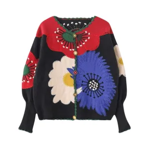 Pre Order:  Flower Buttons Embroidery Knit Cardigan