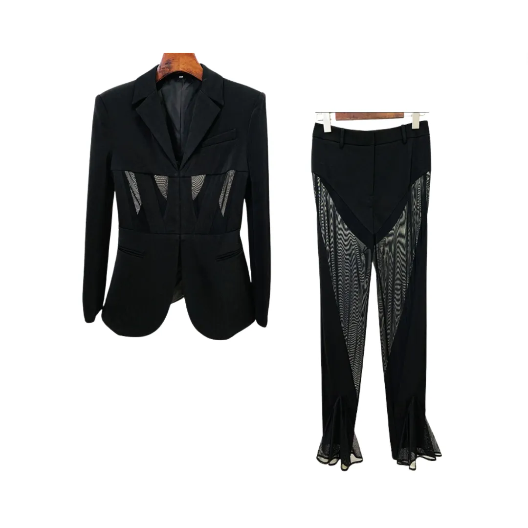 Pre Order:  Mesh Splicing Slim Fit Blazer   Mesh Splicing Flare Pants