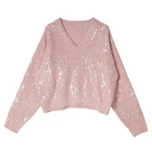 Pre Order:  Mohair Wool Blend V-neck Loose Sequined Sweater