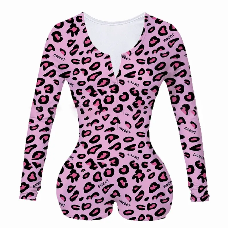 Sexy Women Onesies Underwear Bodysuit Long Sleeve Button Deep V Neck Bodycon Stretch Leotard Short Romper Pajamas Overalls