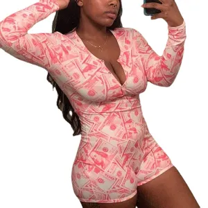 Sexy Women Onesies Underwear Bodysuit Long Sleeve Button Deep V Neck Bodycon Stretch Leotard Short Romper Pajamas Overalls