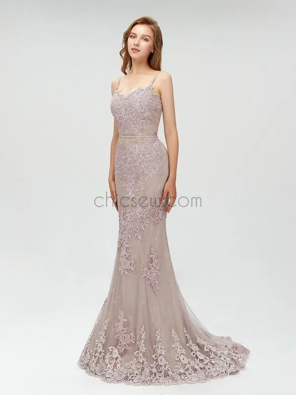 Spaghetti Strap Mermaid Lace Long Prom Dresses SDP1105