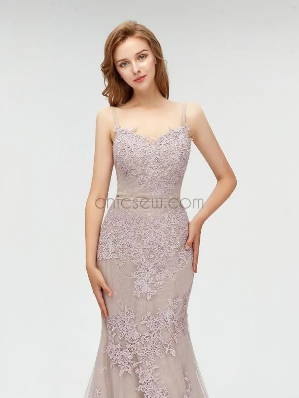 Spaghetti Strap Mermaid Lace Long Prom Dresses SDP1105