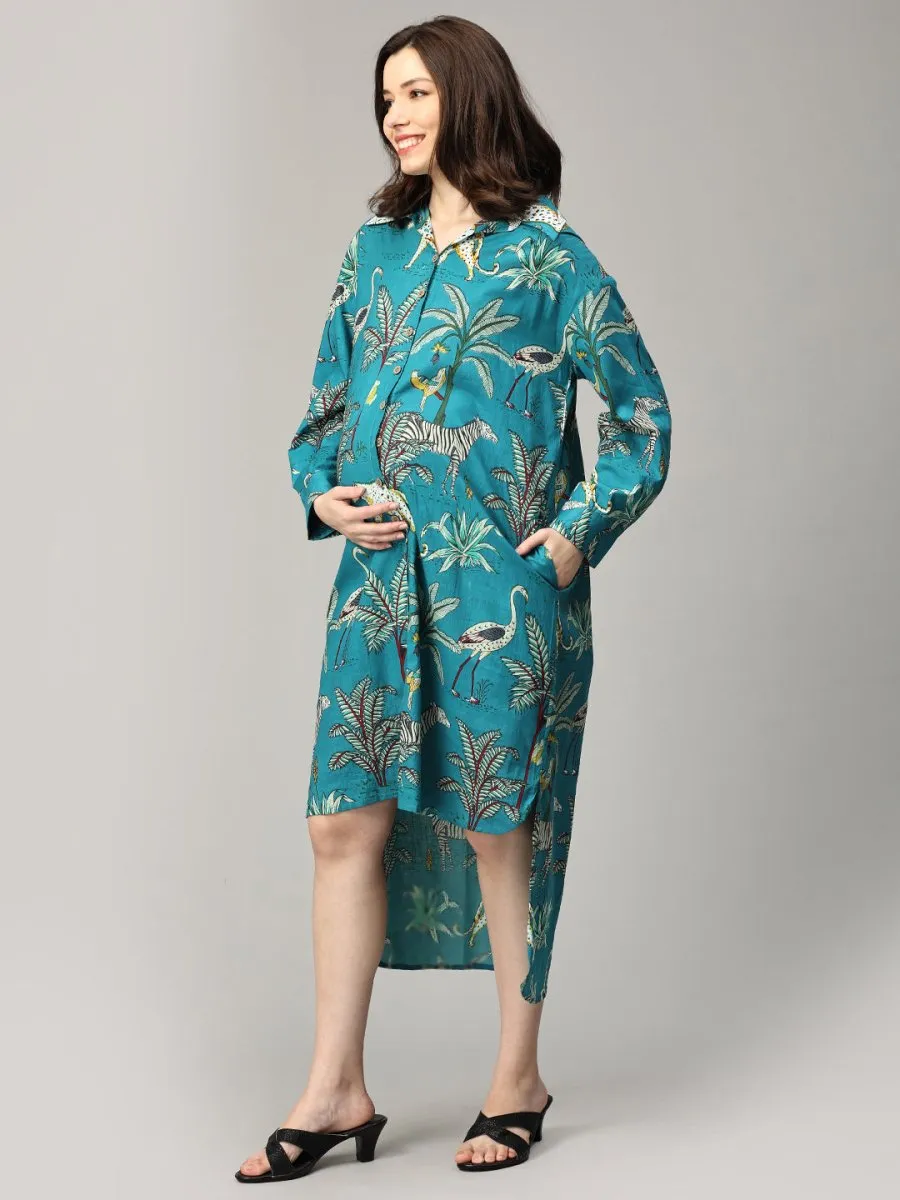 Teal Tropic Safari Maternity and Nursing Oversized Dress