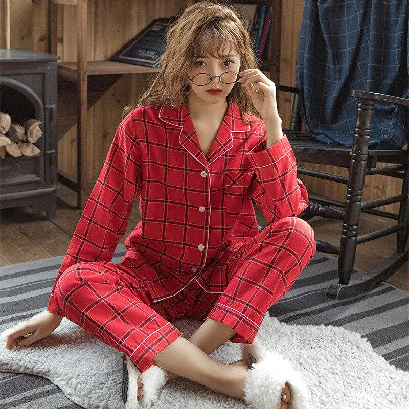 Winter New Full Cotton Pajamas Women Long Sleeve V Lead  Lattice Sleepwear