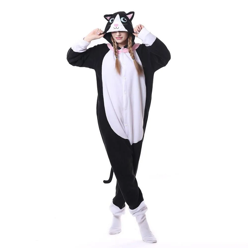 Winter Women Pajamas Kigurumi Unicorn Black Cat  Animal Star Onesies Adult Couple Costume Cosplay Flannel Plus Size Sleepwear