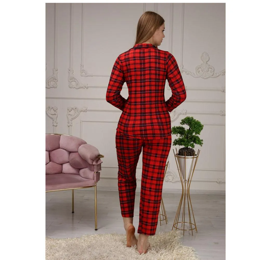 Women's Buttoned Pocket Gingham Patterned Masculine Collar Pajamas Set