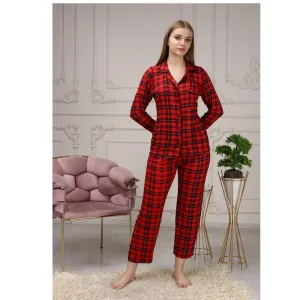 Women's Buttoned Pocket Gingham Patterned Masculine Collar Pajamas Set