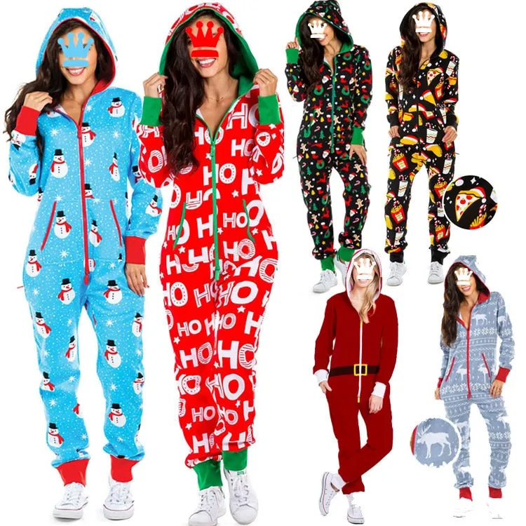 Women's Christmas One Piece Pajamas with Hood Santa Pattern Adult Cozy Jumpsuits Festive Homewear