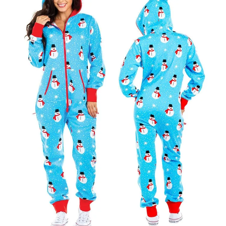 Women's Christmas One Piece Pajamas with Hood Santa Pattern Adult Cozy Jumpsuits Festive Homewear