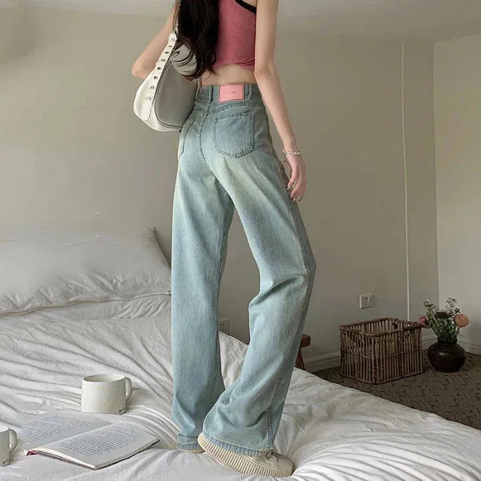 Women's Design High-Waisted Outwear Pear-Shaped Wide-Legged Trailing Long Jeans