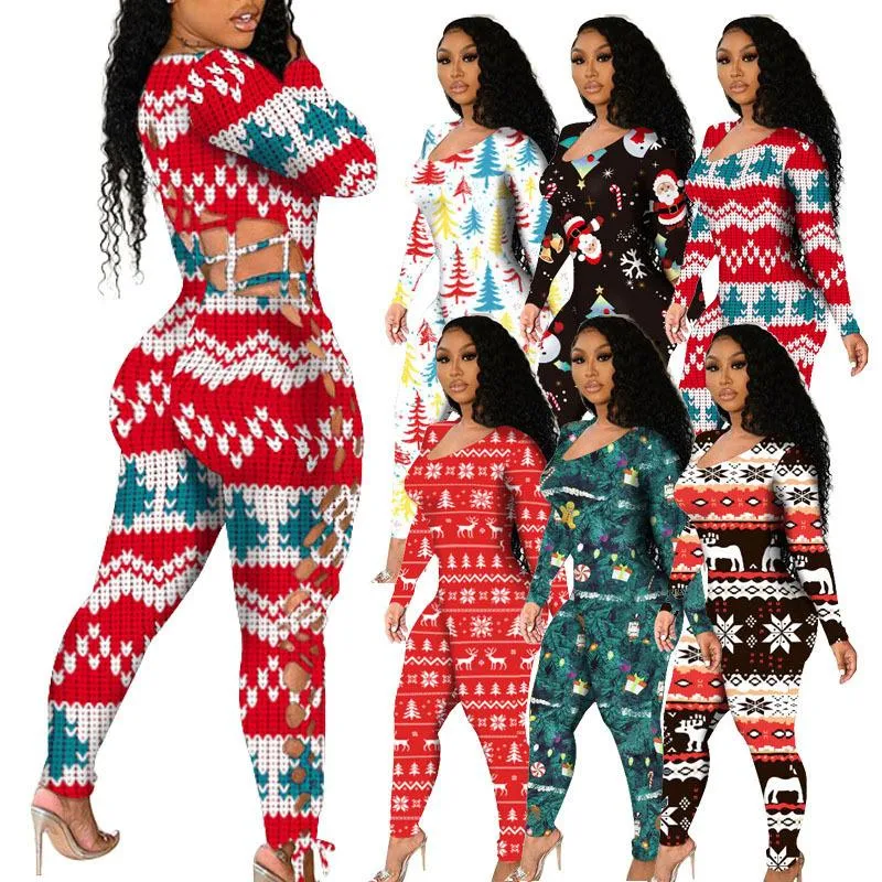 Women's Long Sleeve One Piece Pajamas Rompers Bodysuit Homewear Printed Christmas Jumpsuits