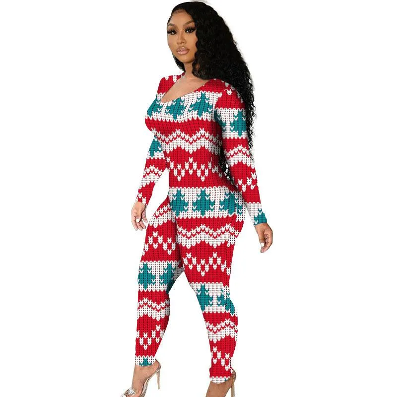 Women's Long Sleeve One Piece Pajamas Rompers Bodysuit Homewear Printed Christmas Jumpsuits