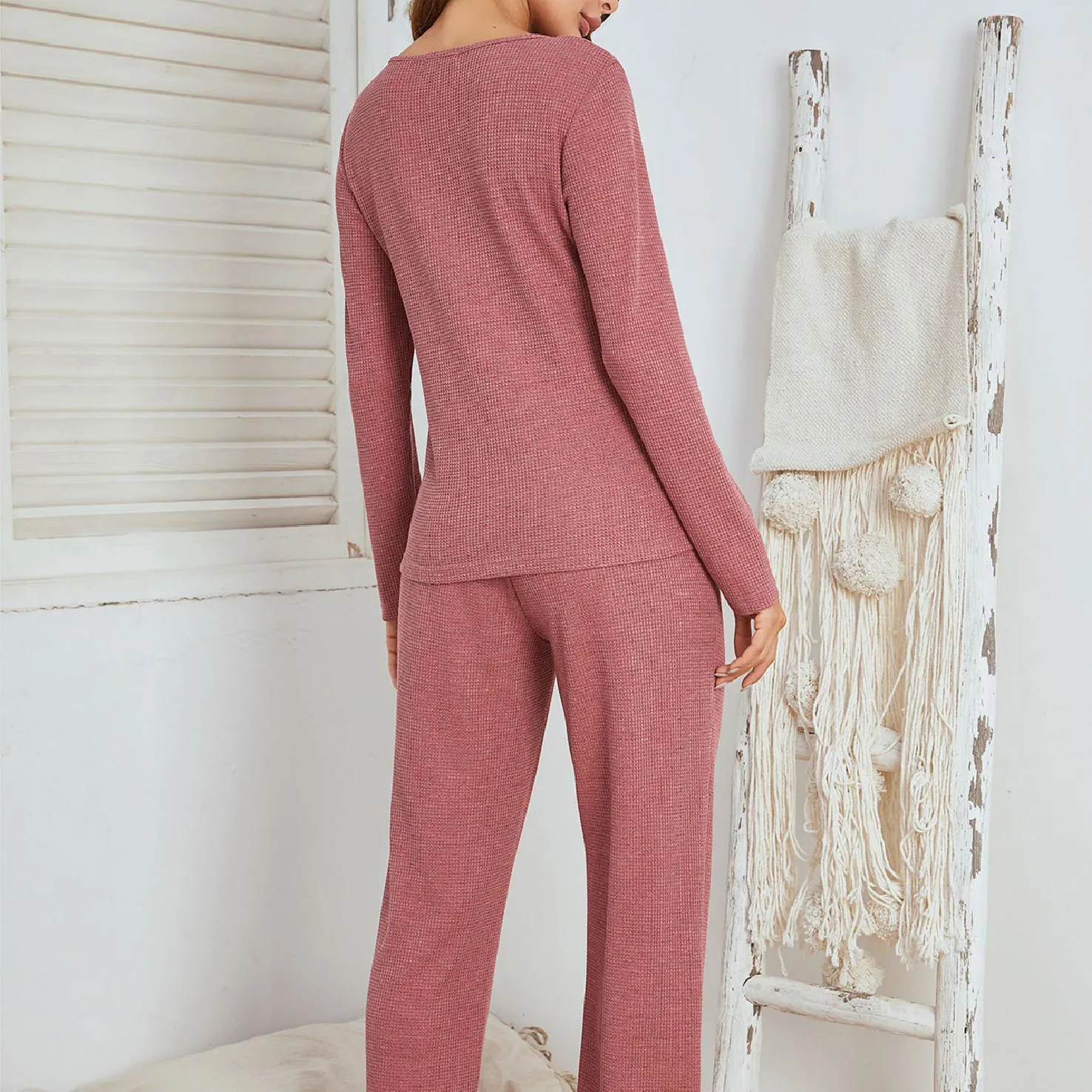 Women's Pajamas Loungewear Set Long Sleeve Trousers Ladie Pajamas Homewear Cross Rib Winter Pajama Set