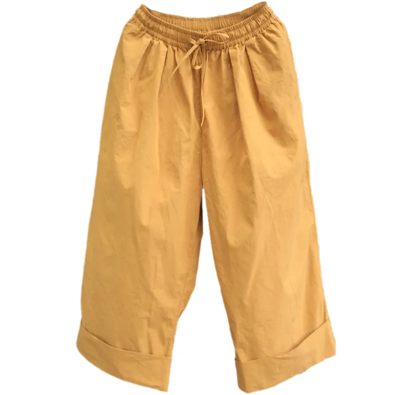 Yellow Women Casual Cotton Pants With Pockets Z98408